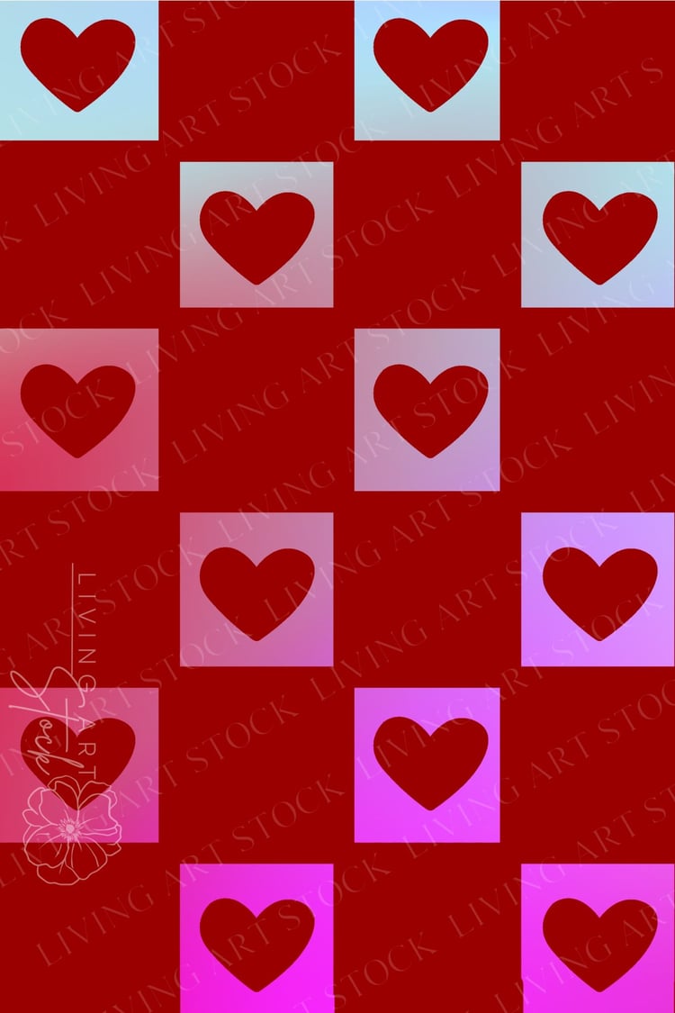 A high-contrast checkerboard grid featuring a deep crimson red background interspersed with square tiles. Each tile contains a centered, solid red heart icon. The background of the heart tiles features a vertical color gradient that transitions from a sof