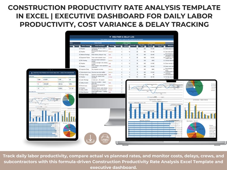 Construction Productivity Rate Analysis Excel Executive Dashboard showing KPI cards, weekly productivity trend, project completion donut chart, trade efficiency chart, budget vs actual cost chart, subcontractor score bars, and delay category distribution.