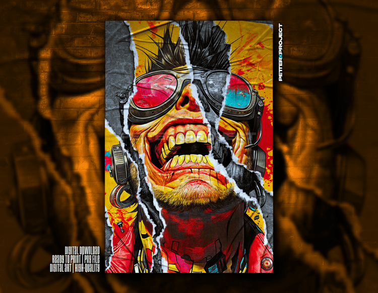 Fragmented cyberpunk character with industrial goggles, bold yellow and red tones, torn layered effect and dark grunge post-apocalyptic aesthetic.