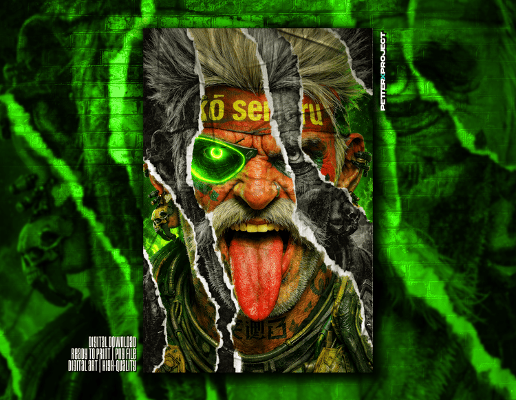 Cyberpunk post-apocalyptic man with neon green bionic eye, ripped layered face effect, dark grunge textures and dystopian futuristic aesthetic.