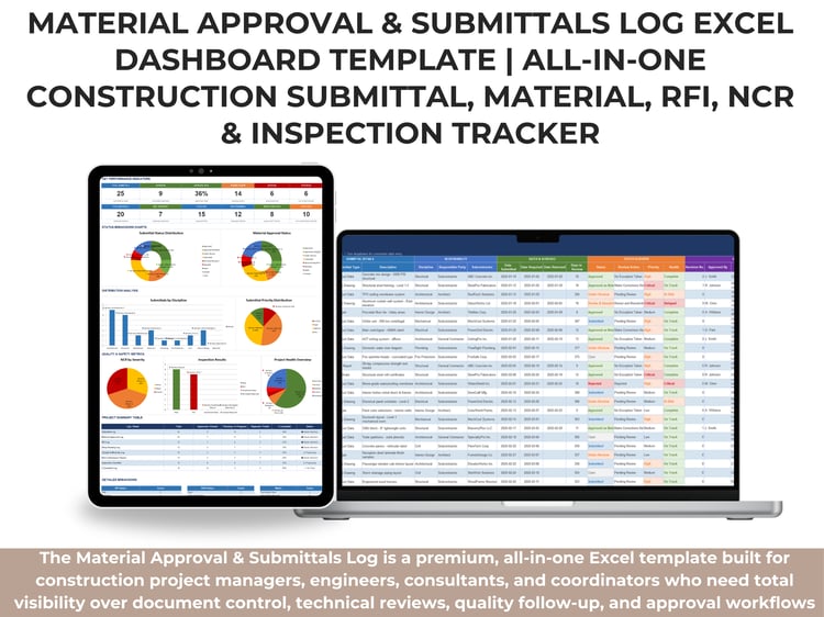 Alt text: Project Dashboard for Material Approval and Submittals Log template showing KPI cards, approval charts, discipline distribution, quality metrics, and project status summary in Excel.