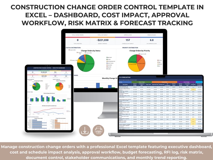 Construction Change Order Control Excel template executive dashboard showing change order KPIs, approval rate, budget variance, schedule impact, and monthly trend charts