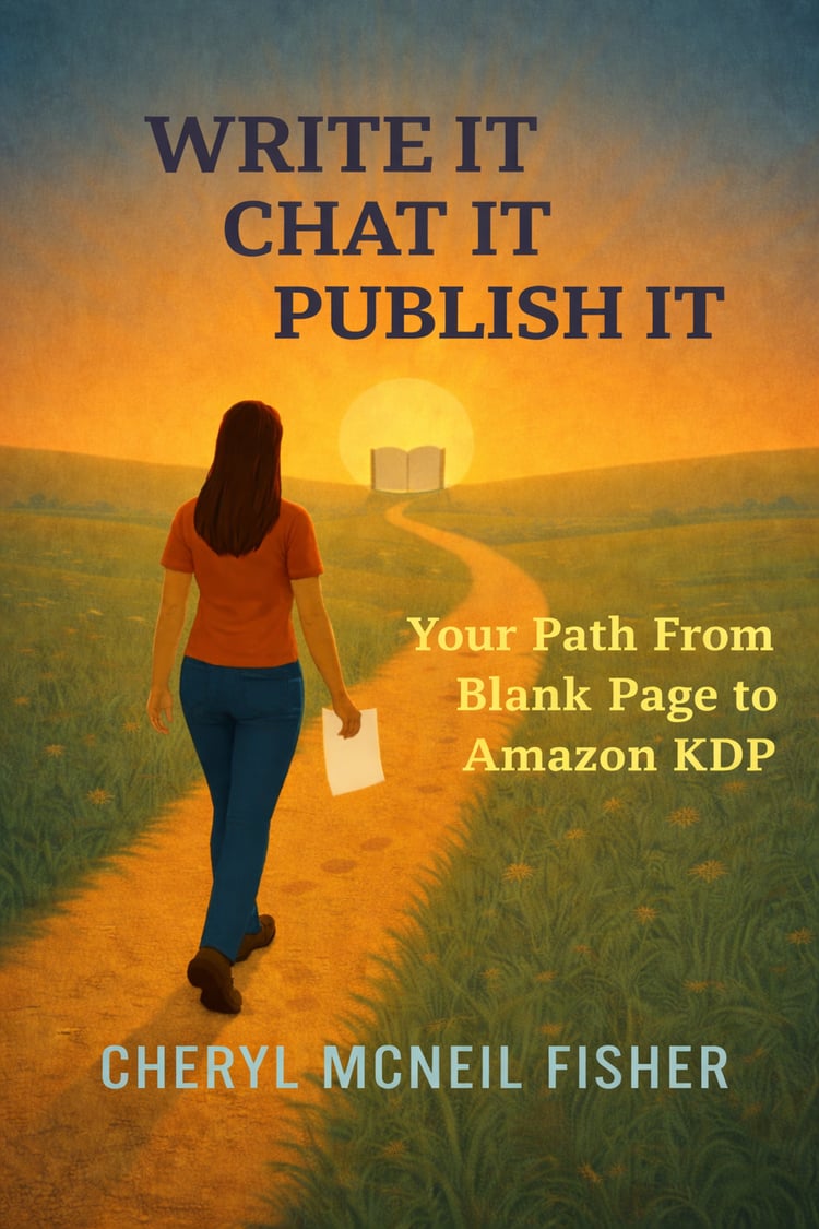 Book cover illustration of a woman walking on a glowing path through grassy fields toward a large open book set against a rising or setting sun. The scene has warm orange and yellow tones blending into a dark teal sky. The woman is shown from behind; she