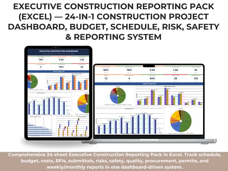 Executive Construction Reporting Pack Excel dashboard showing project KPIs, budget vs actual costs, schedule performance index, RFI status, safety metrics, and key action items for construction project management.