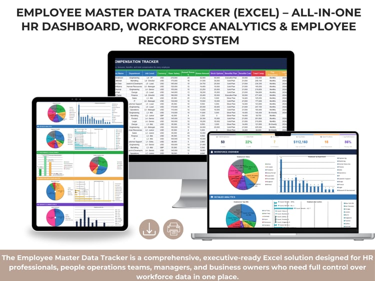 Employee Master Data Tracker Excel template cover showing integrated HR workbook for workforce management, dashboards, and automated reports.