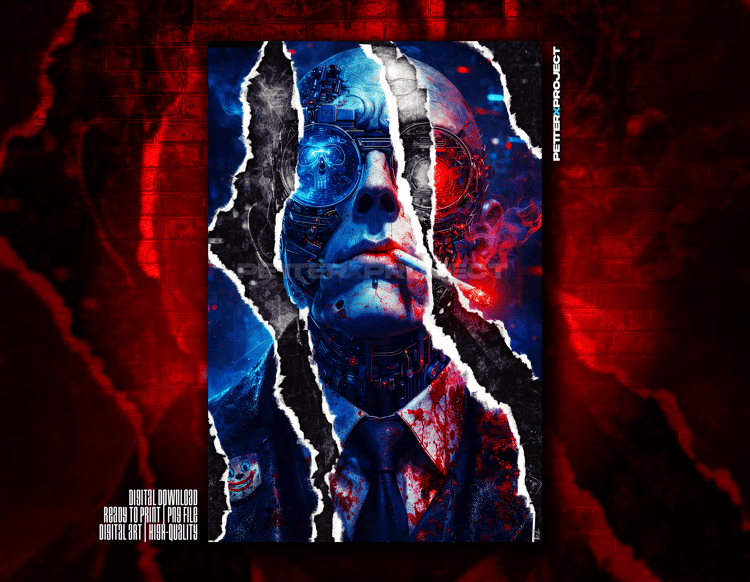 Bio-android assassin with exposed circuits, red and blue cybernetic eyes, torn layered face composition, blood-stained suit, cigarette, dark cyberpunk post-apocalyptic style.