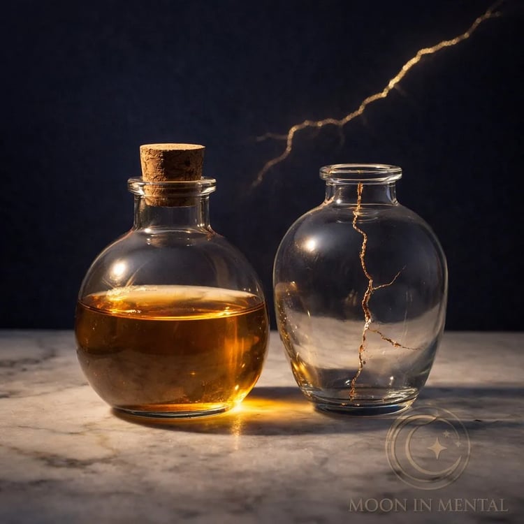 MoonInMental Custom Transit Alignment Protocol product image. Amber aromatherapy bottles with botanicals representing personalized nervous system support through astrological transit mapping.