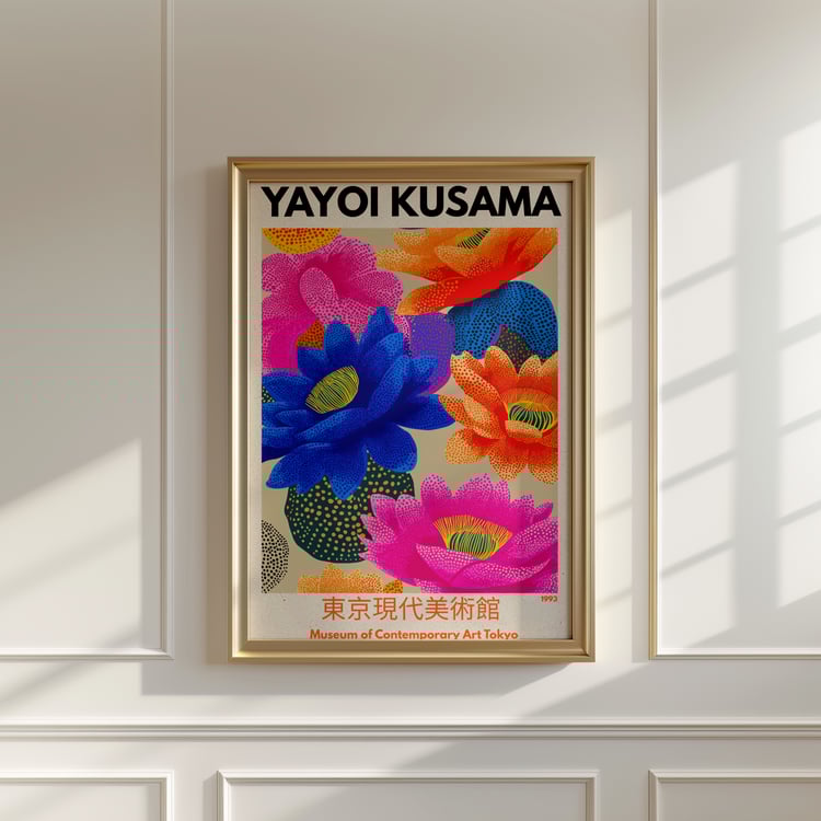 yayoi kusama inspired, japanese abstract art, floral wall art, modern japanese decor, museum poster, exhibition wall art, contemporary floral print, colorful abstract poster, dotted art print, japanese modern art, maximalist decor, gallery wall art, tokyo
