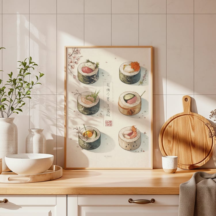 japanese sushi poster, sushi wall art, kitchen wall decor, japanese food print, aesthetic kitchen art, minimalist food poster, sushi illustration, japanese decor, restaurant wall art, retro kitchen print, foodie wall art, dining room decor, asian kitchen