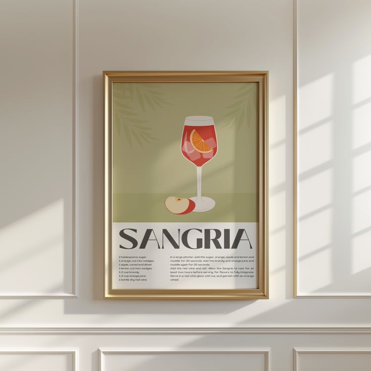 sangria poster, cocktail recipe print, bar cart decor, kitchen wall art, wine poster, drink illustration, home bar art, modern kitchen decor, cocktail wall art, aesthetic kitchen print, restaurant wall art, printable wall art, mixology art, wine lover gif
