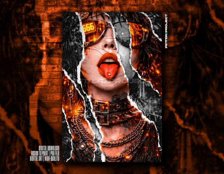 Hyperrealistic cyberpunk geisha with classic white makeup, neon orange tones, grunge textures and post-apocalyptic dystopian atmosphere.