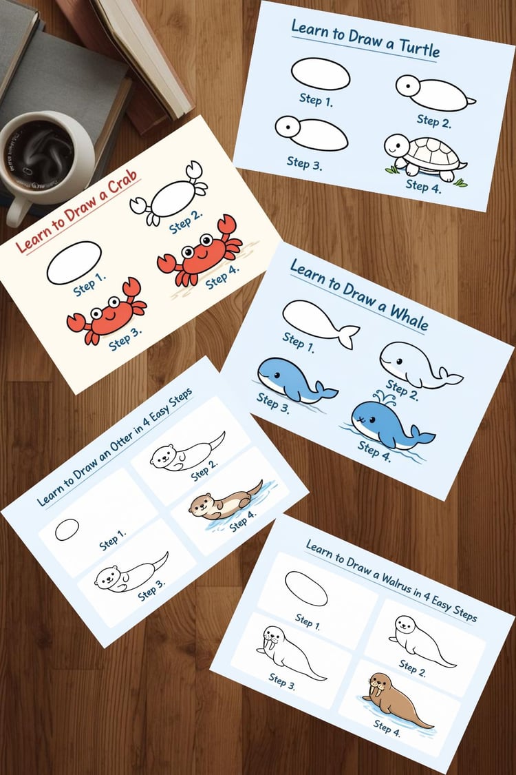 Learn to Draw Sea Animals Printable – Step by Step Drawing for Kids – Ocean Art Activity Pack