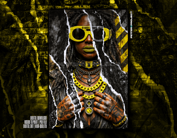 Retrato digital hiperrealista de mujer estilo cyberpunk industrial con gafas amarillas neón, labios gráficos, múltiples cadenas metálicas y efecto papel rasgado sobre fondo dark grunge de alto contraste.