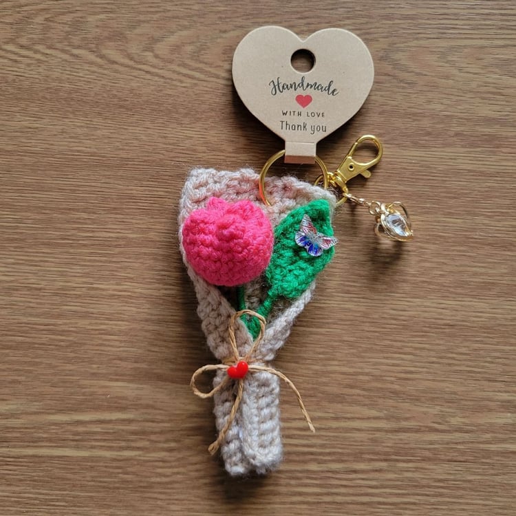 Crochet tulip keyring wrapped as mini bouquet with butterfly and crystal heart charm