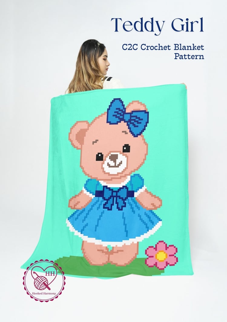 Teddy Girl C2C crochet blanket pattern cover showing teddy bear in blue dress on mint background.