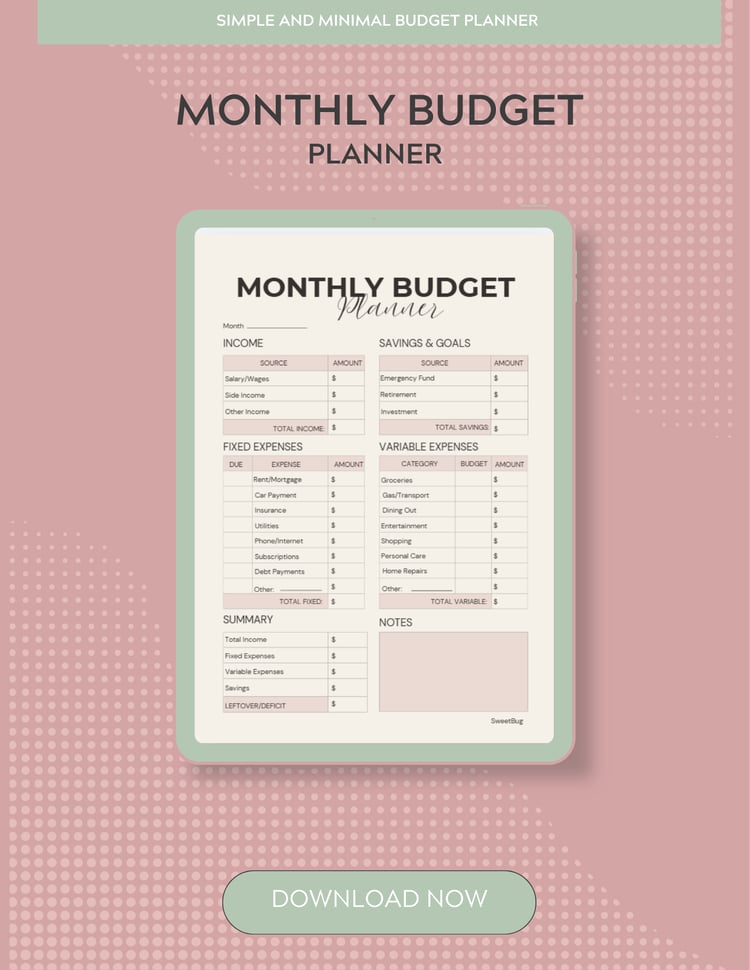 Monthly budget planner printable worksheet showing income, fixed expenses, variable expenses, and savings sections. Digital PDF download for financial planning and money management. Cream and sage green design by SweetBug.