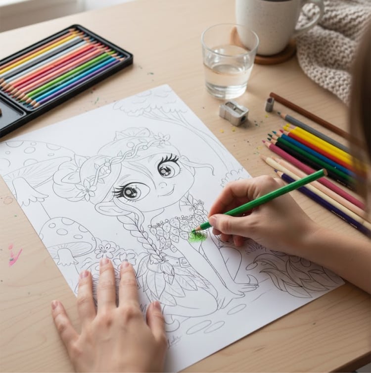 Coloriage fée, illustration champignon, dessin à imprimer, Amanite la fée, coloriage adulte zen, art thérapie, monde fantastique, cadeau créatif, activité enfant, coloriage forêt, digital download, fée kawaii, estampe numérique.