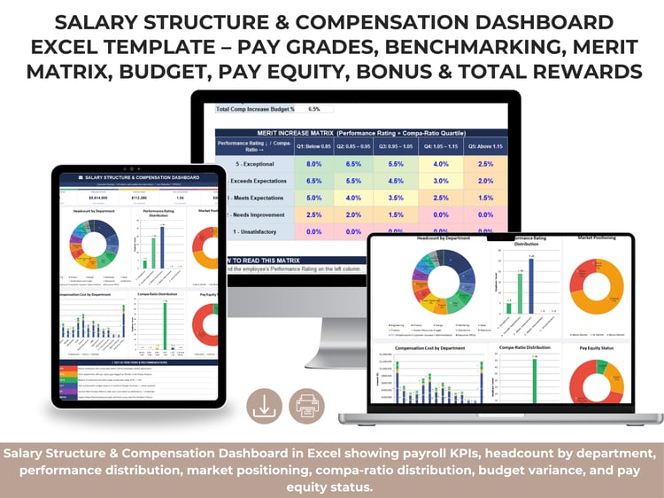 Salary Structure & Compensation Dashboard in Excel showing payroll KPIs, headcount by department, performance distribution, market positioning, compa-ratio distribution, budget variance, and pay equity status.