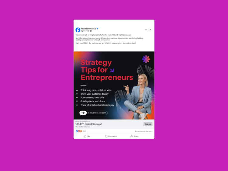 Entrepreneurial growth framework Facebook post template, editable PPTX and Canva-ready.