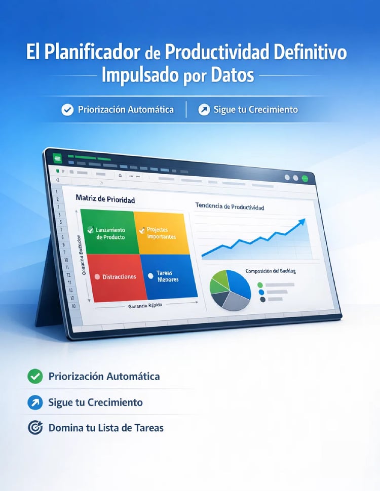 Dashboard de productividad en Google Sheets con gráficos y matriz de prioridad.