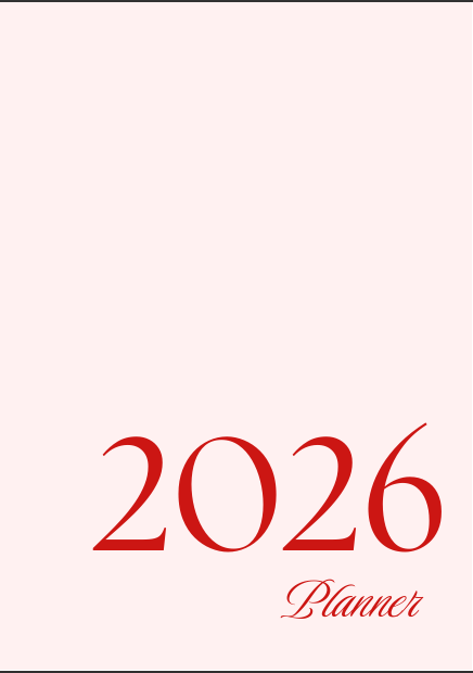 "Red and pink minimalist 2026 yearly planner cover with soft watercolor tones and clean typography — printable A4 PDF for goal setting and monthly reflection."