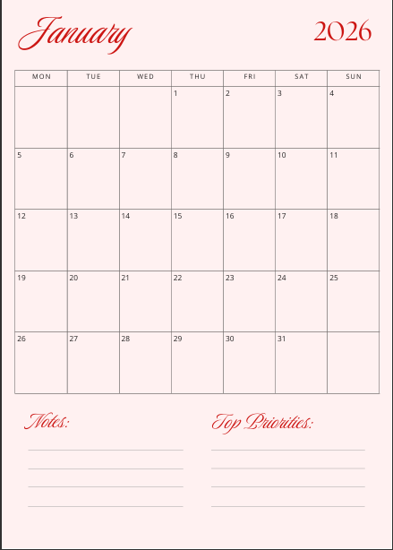 "January 2026 calendar page from red and pink planner with clean monthly layout, notes section, and top priorities space — soft aesthetic design for intentional planning."