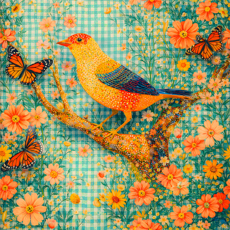 Modern botanical • Whimsical nature art • Floral mosaic design • Contemporary cottagecore • Bright spring decor • Nature-inspired wall art