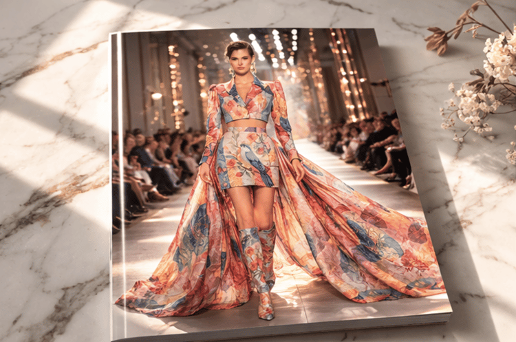 floral couture, runway fashion, pastel fashion editorial, bird print dress, luxury fashion photography, haute couture outfit, magazine cover image, designer fashion lookfashion mockup editorial mockup magazine cover mockup luxury fashion display runway ph