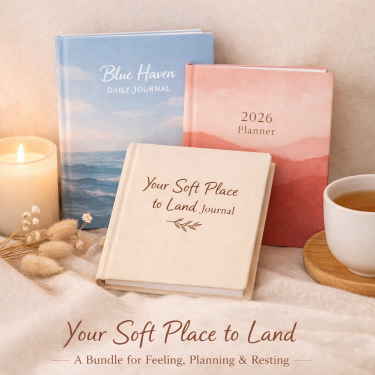 "Soft bundle image of three journals: Blue Haven Daily Journal, Red & Pink 2026 Planner, and Your Soft Place to Land Journal — arranged with a candle, tea, and dried flowers in a cozy, peaceful setting."