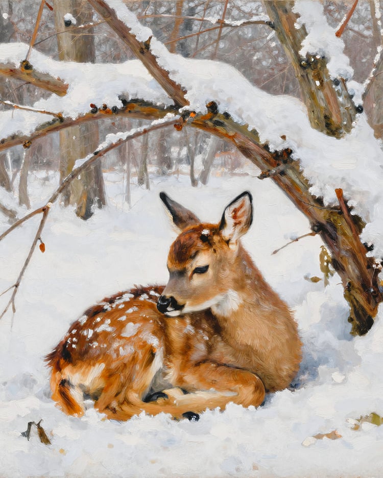 Digital oil painting of a fawn curled beneath snowy branches surround with snow