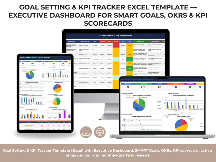 Goal Setting & KPI Tracker Excel Dashboard showing total goals, OKRs, KPI trends, action items by priority, and OKR health overview.