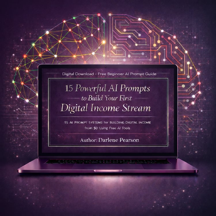 Free guide with 15 AI prompts to help you identify a niche, validate a digital product idea, and map your first digital income stream using free AI tools.