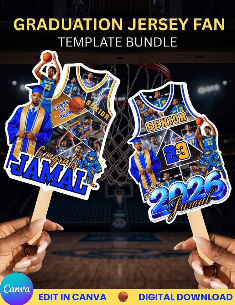 basketball graduation, senior 2026, class of 2026, graduation fan template, basketball senior night, sports graduation template, jersey fan template, editable canva template, graduation printable, senior photo fan, basketball mom fan, grad party decor, sp