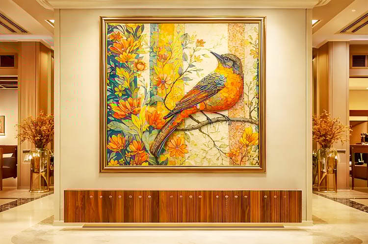luxury wall art mockup mosaic bird artwork floral textile design autumn bird wall decor high resolution wall art 8k printable artwork luxury fabric design interior design mockup hotel lobby artwork modern hallway art floral curtain pattern designer home d