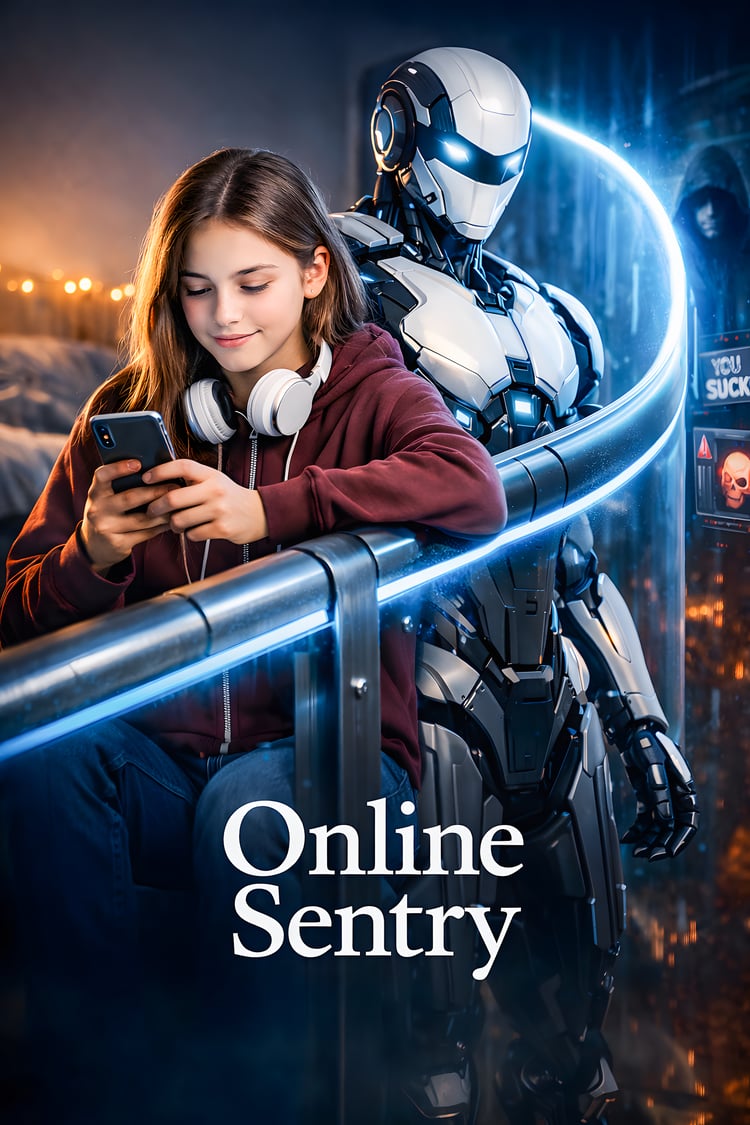 AI guardian, online safety, teen internet protection, artificial intelligence art, human AI collaboration, digital security concept, cybersecurity awareness, futuristic robot protector, safe browsing teen, AI sentry, technology editorial artwork, high res