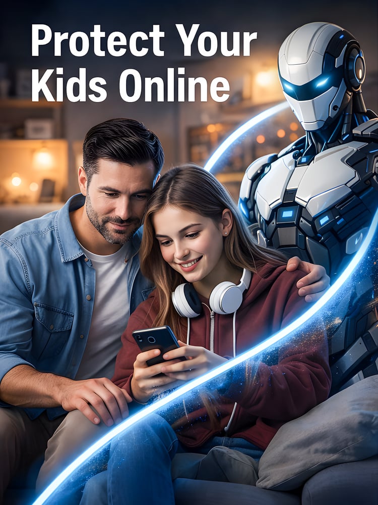 AI guardian, online safety, teen internet protection, artificial intelligence art, human AI collaboration, digital security concept, cybersecurity awareness, futuristic robot protector, safe browsing teen, AI sentry, technology editorial artwork, high res