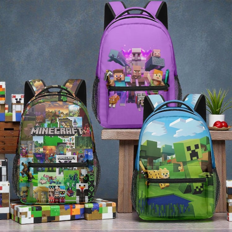 Minecraft-inspired large capacity school backpack with 3D pixel design