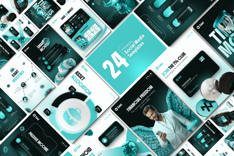 Angled collage showcasing 24 Zalat Fintech & Crypto Instagram templates. Premium dark and light mode designs for finance social media.