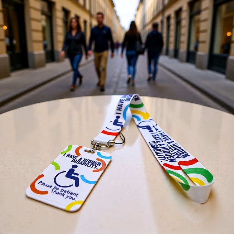 Hidden disability support lanyard for ID and phone holder