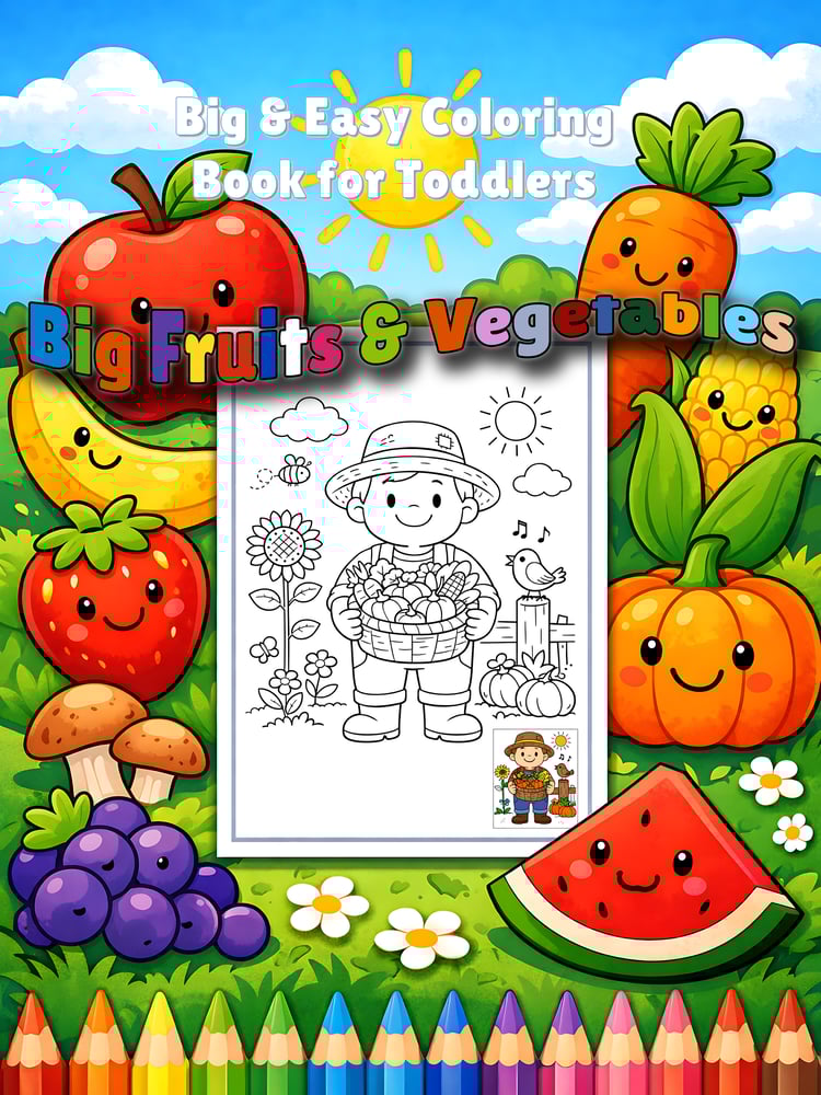 Fruits & Vegetables Coloring Pages for Toddlers – Extra big shapes, easy designs, fun early learning activity for ages 2–4. Printable preschool PDF.