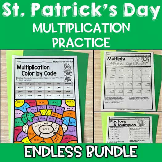 St Patrick's Day Multiplication Color by Number Math Word Problem 4th 5th Grade