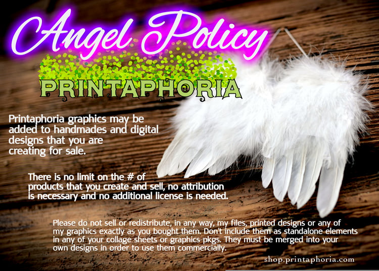 Brown woodgrain background with white feather wings, Printaphoria Shop Angel Policy for personal and commercial use of graphics.