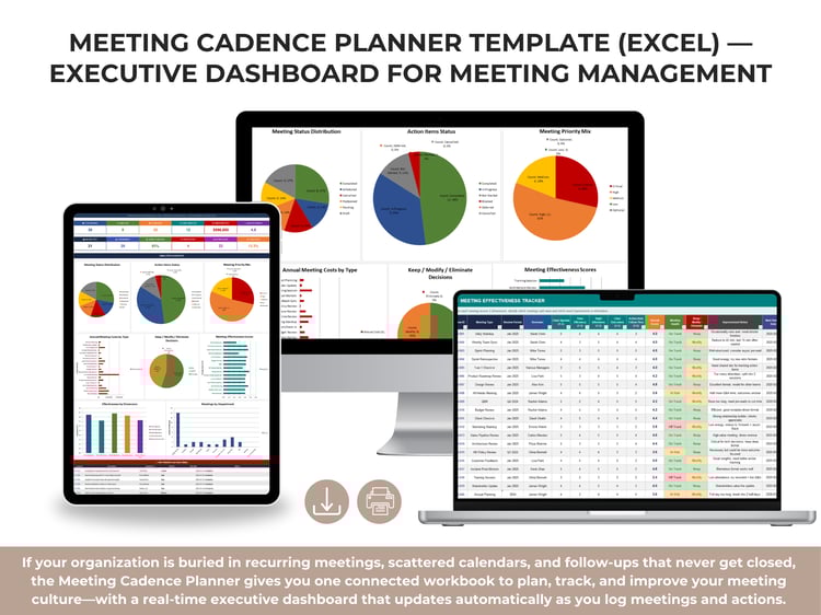 Meeting Cadence Planner Excel template preview showing agenda templates, schedules, meeting costs, effectiveness scoring, action items, and room booking.