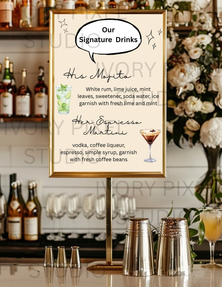 Couples signature drinks wedding sign A3 printable, Irish pub - style bar decor for drinks reception