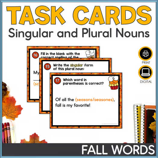 Singular + Plural Nouns Activities: Fall Nouns Task Cards for Centers + Practice