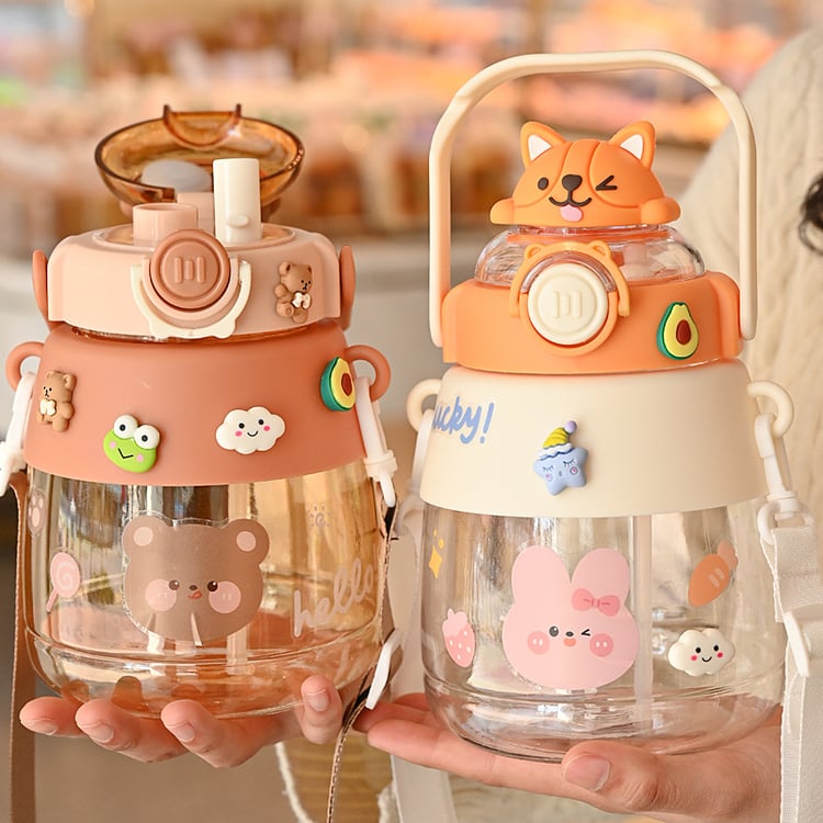 Fun cartoon straw bottle for school and outdoor activities