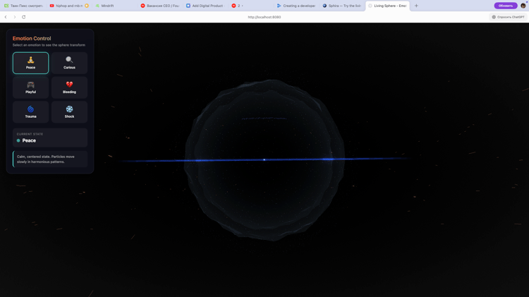 Sphere-777 3D particle sphere with debug overlay showing 5000 GPU-accelerated particles in a web     browser