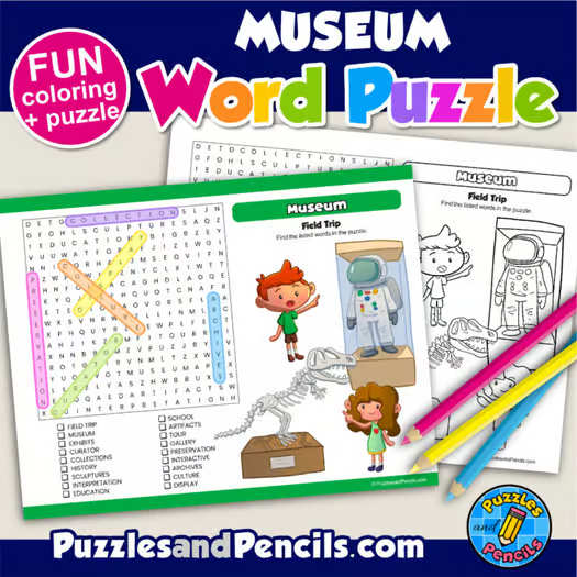 Field Trip - Museum Word Search Puzzle Activity Page and Coloring | Wordsearch