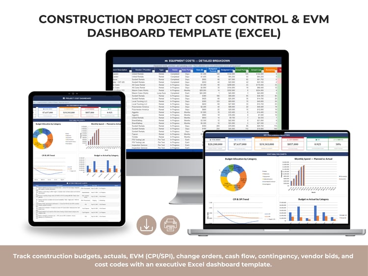 Construction cost control Excel dashboard template with budget, actual spend, EAC forecast, CPI, percent complete, charts, and action items.