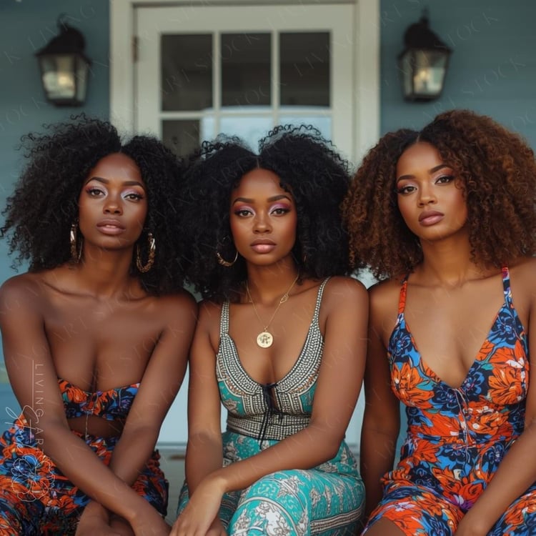 Three Black women with voluminous natural curly hair and glamour makeup pose closely together on the porch of a blue beach house. They are dressed in vibrant summer fashion, featuring colorful floral and geometric patterns in shades of teal, orange, and b